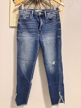 KanCan Women's Washed Blue Slim Straight Jeans with Distressed Ankles
